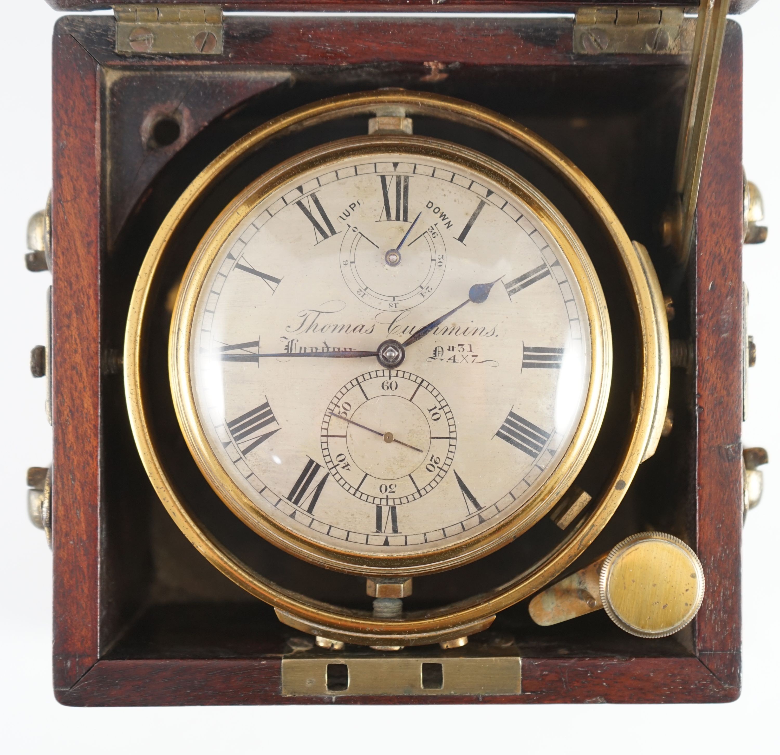 Thomas Cummins of London. A mid 19th century mahogany cased thirty six hour marine chronometer, width 14.5cm, depth 14.5cm, height 15cm